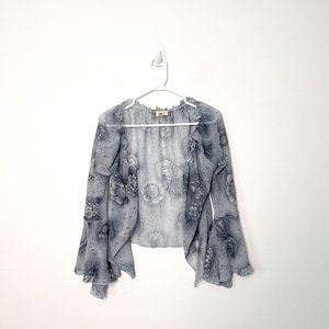 Vintage 80s Blue Floral Sheer Chiffon Cardigan Blouse